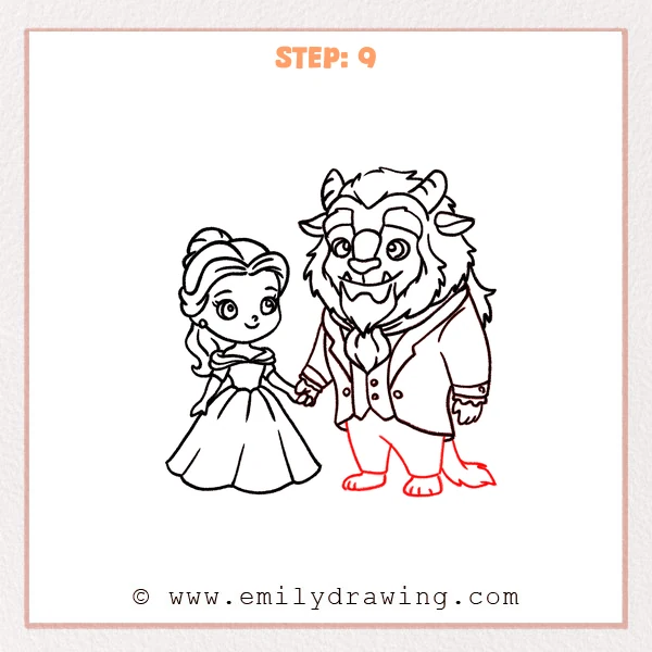 how to draw a beauty and the beast - Step 9: The Beast’s legs, feet, and a fluffy tail are added to complete the Beauty and the Beast scene.